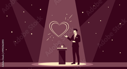 Man Presents Holographic Heart on Stage with Spotlight, Love Concept