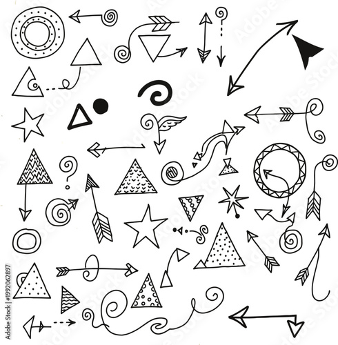 Hand Drawn Doodle Element Set with Arrows Stars Triangles and Circles for Creative Journaling and Social Media Graphic Design Vector