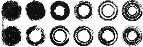 Set of grunge black ink brush circles, hand-drawn textured round frames isolated on white background.eps