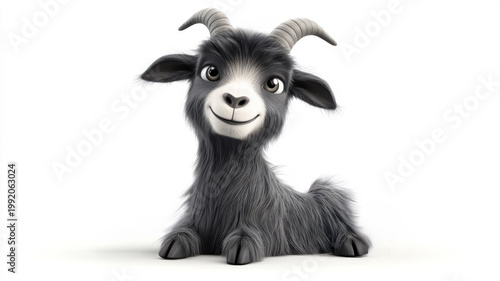 Black and white baby goat lying on white background