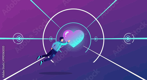Man Reaching for Digital Heart in Futuristic Abstract Network