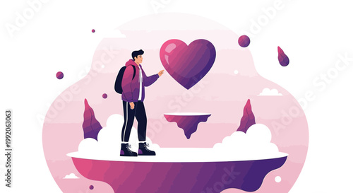 Man Reaching for Floating Heart in Abstract Dreamscape