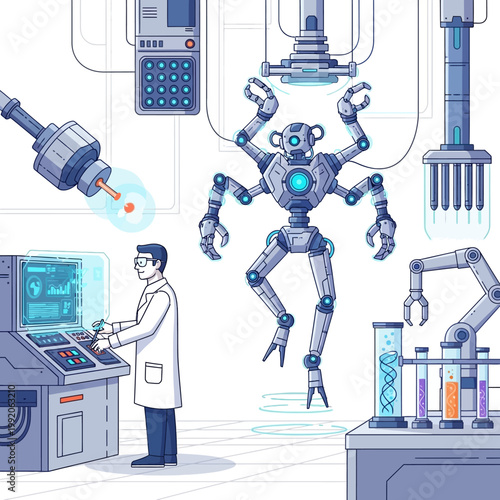 Scientist operating advanced robot in futuristic laboratory with DNA research