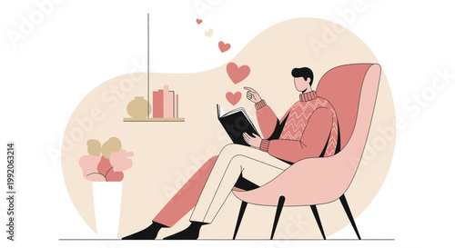 Man Reading Book Enjoying Romantic Story with Hearts Floating, Cozy Home Interior