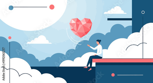 Man Reaching for Geometric Heart in Dreamy Cloudscape, Symbolizing Love, Hope, and Connection