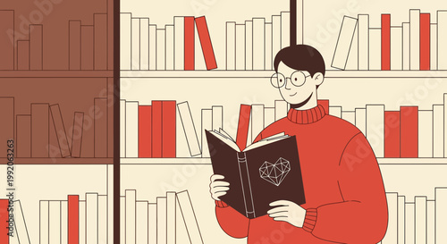 Man Reading Book with Geometric Heart Design in Library, Cozy Sweater