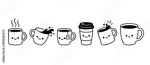 Cute Coffee Mugs Vector Set, Kawaii Tea Cup Icons with Smiling Faces and Splashes, Minimalist Black and White Doodle Illustration for Cafe Menu, Breakfast Drink Graphics, Happy Morning Beverage Collec