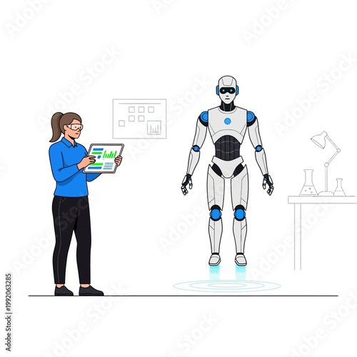 Scientist with Tablet Controls Futuristic Robot in Lab, AI Technology Concept