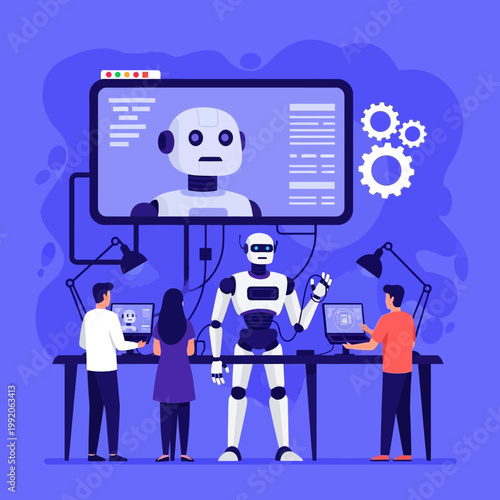 Robot development, AI, engineering, people working on futuristic technology, innovation