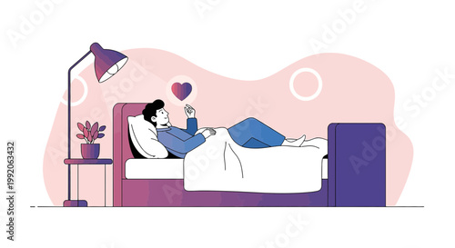 Man Relaxing in Bed Using Smartphone, Heart Icon Above, Cozy Bedroom Ambiance