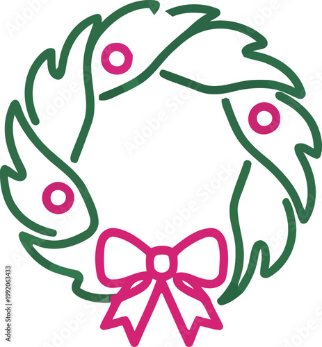 Christmas Wreath Line Art Icon with Pink Ribbon Bow and Berries for Festive Holiday Decoration and Winter Celebration Graphic Design
