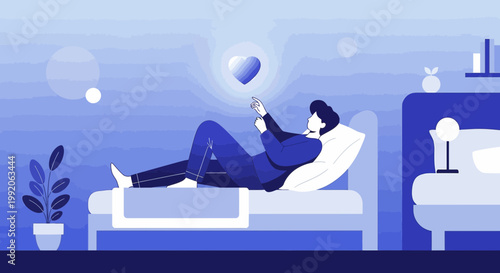 Man Relaxing in Bed with Smartphone, Heart Icon, Love, Connection, Digital Romance