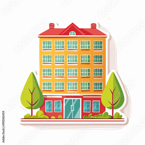 Colorful Apartment Building with Trees and Bushes