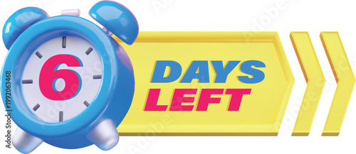 A 3D banner with a blue alarm clock, the number 6, and a yellow arrow with the text "days left."