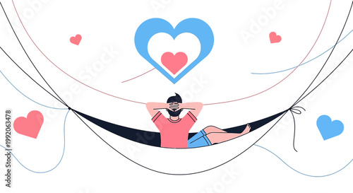 Man Relaxing in Hammock with Hearts, Love and Serenity Concept