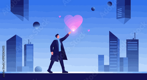 Man Reaching for Glowing Heart in Futuristic Cityscape, Digital Love Concept