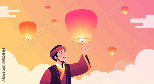 Man Releasing Sky Lantern at Sunset Festival, Traditional Clothing, Cultural Celebration