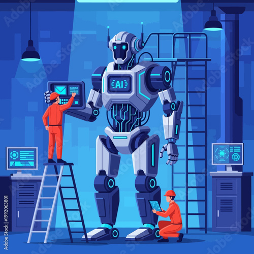 Robotic construction: engineers assemble giant AI robot in high-tech workshop