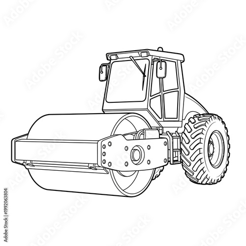 Road roller vehicle, construction equipment, heavy machinery, industrial vehicle, black and white line art
