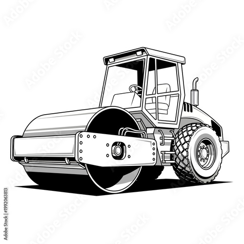 Steamroller Compactor Machine on White Background, Construction Equipment