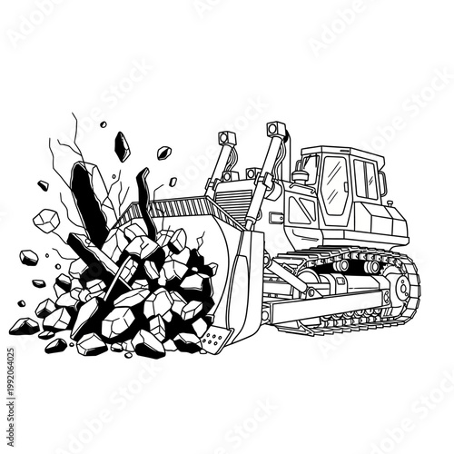 Bulldozer demolishing concrete wall, construction, demolition, heavy machinery, destruction