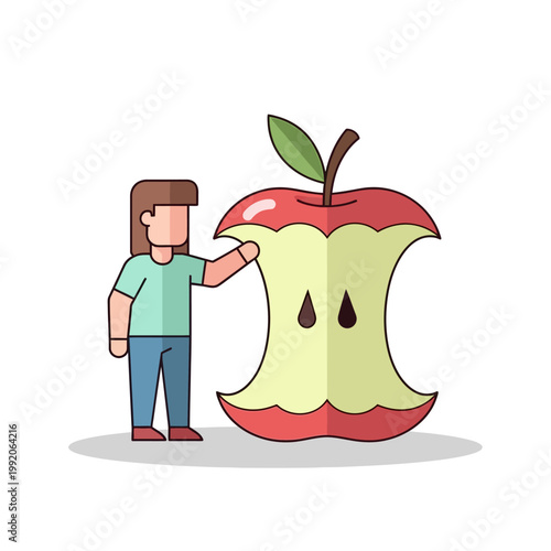 Person Standing Next to a Giant Apple Core, Healthy Eating Concept