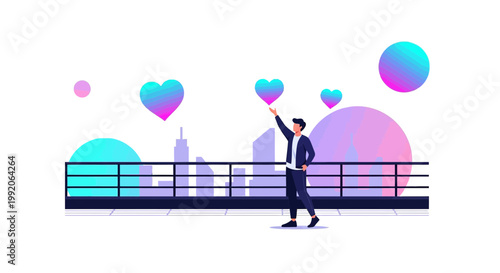 Man Reaching for Gradient Hearts Above City Skyline, Modern Abstract Love Concept