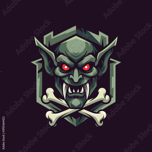 Scary Goblin Vampire Monster Face with Red Eyes and Crossed Bones Emblem