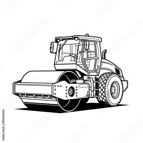 Construction steamroller, heavy machinery, road roller, vehicle, industrial equipment, black and white illustration