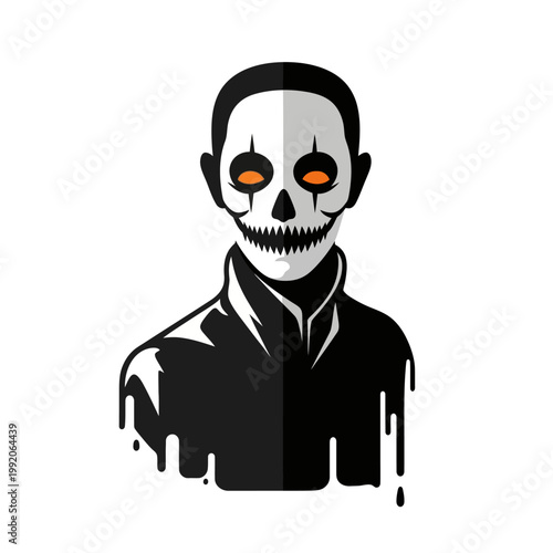 Scary Skeleton Face Man with Glowing Orange Eyes, Horror Character, Halloween Concept
