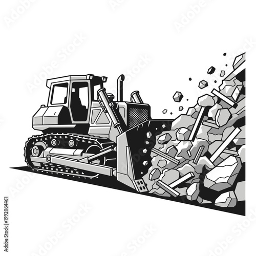 Bulldozer pushing rubble and debris, construction site, demolition, heavy machinery