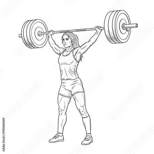 Woman weightlifter lifting heavy barbell overhead in gym, strength training