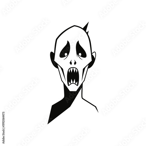 Scary Zombie Face with Open Mouth and Sharp Teeth, Horror Monster Illustration