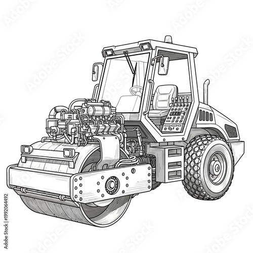 Detailed illustration of a road roller machine, construction equipment, heavy machinery