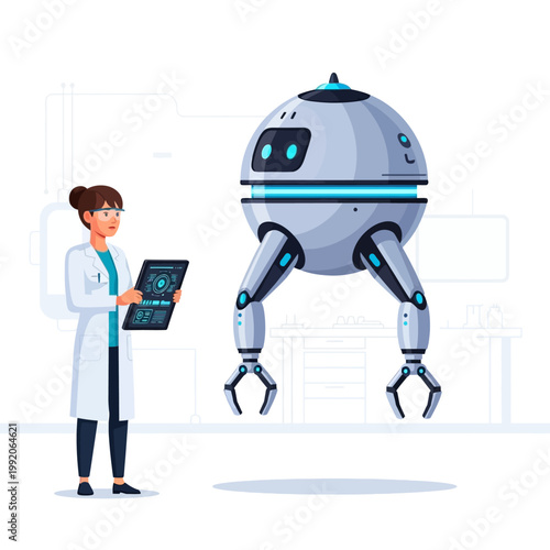 Scientist controlling a futuristic robot with a tablet in a modern lab