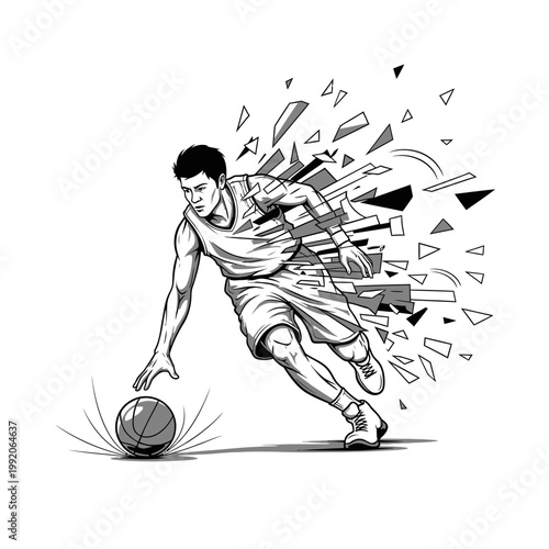 Dynamic Basketball Player Dribbling with Shattering Effect - Action Shot