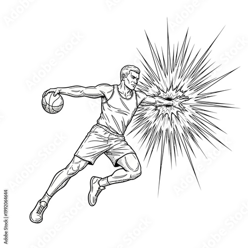 Dynamic Basketball Player Dribbling with Intense Energy Burst