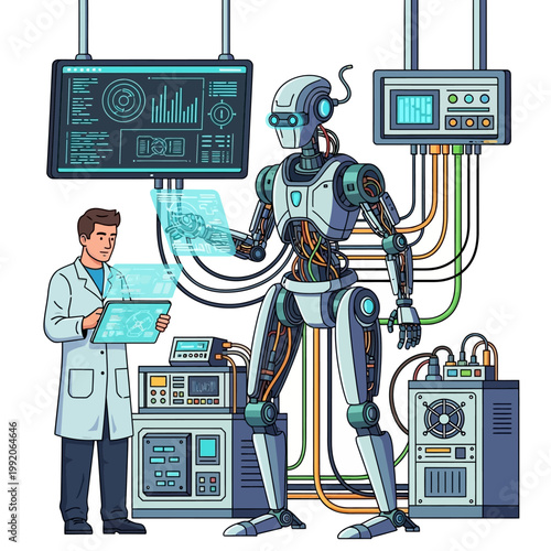 Scientist and Robot in Futuristic Lab with Holographic Displays