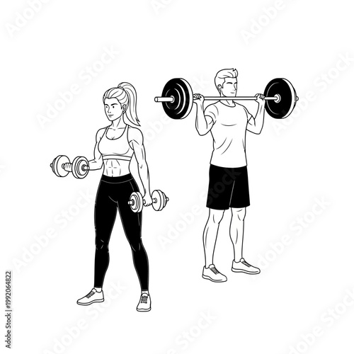 Fit couple exercising with dumbbells and barbell, strength training, healthy lifestyle