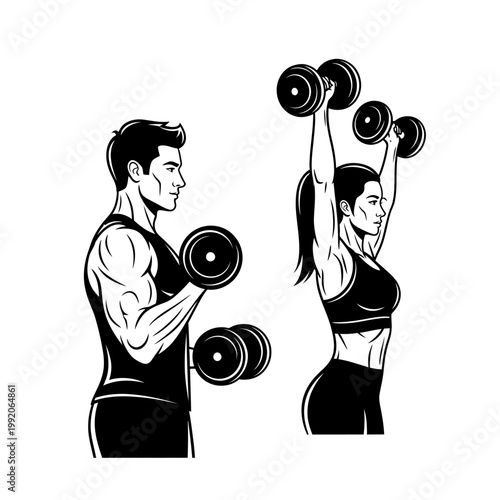 Fit Couple Exercising With Dumbbells: Man and Woman Strength Training
