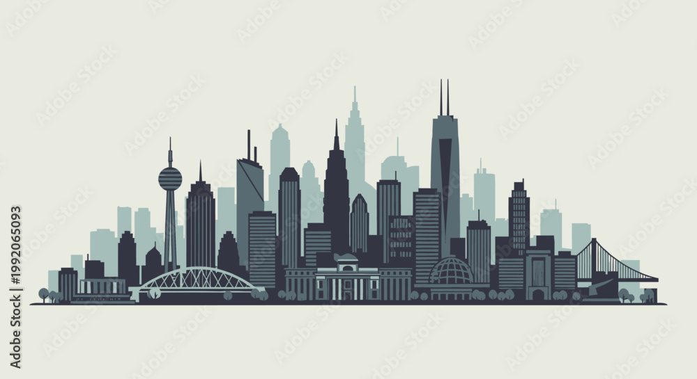 Obraz premium Modern City Skyline Silhouette with Bridges and Iconic Buildings