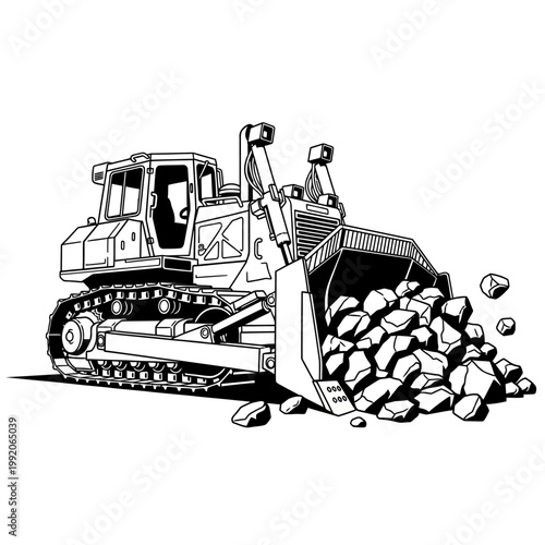 Heavy bulldozer with large bucket loading rocks and stones on a white background