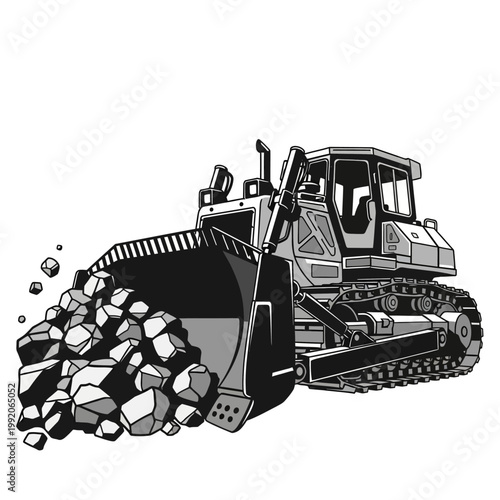 Heavy bulldozer with large bucket full of rocks, construction equipment, industrial machinery