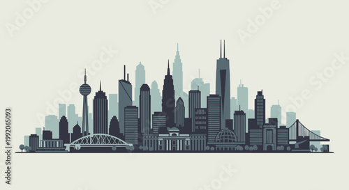 Modern City Skyline Silhouette with Bridges and Iconic Buildings