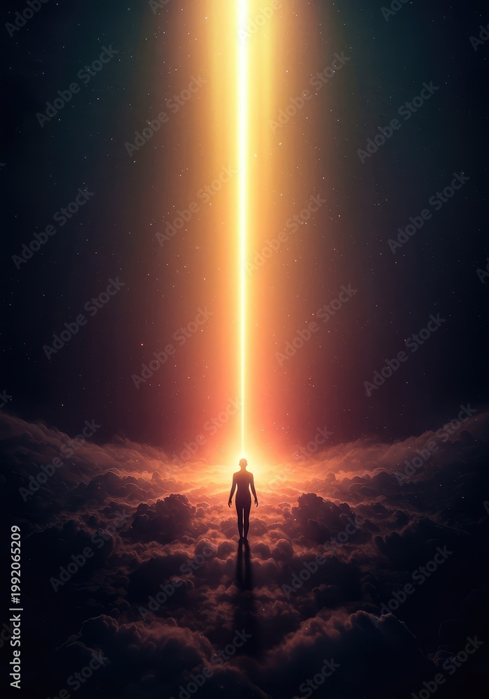 Obraz premium Abstract ethereal background with glowing light rising through deep, mystical atmosphere, symbolizing spiritual breakthrough and infinity, spiritual, unknown, fog