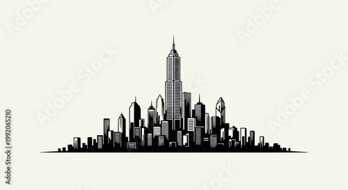 Modern city skyline silhouette, tall skyscrapers, urban landscape, black and white illustration