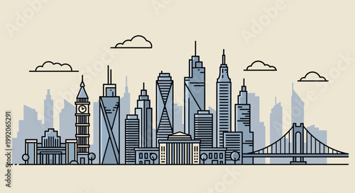 Modern City Skyline with Iconic Buildings and Bridge, Flat Design