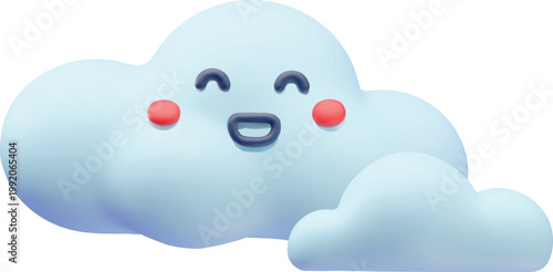 Smiling cloud 3D plastic style, vector cartoon cloudy weather forecast symbol, realistic volume meteorology character