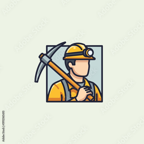 Miner with Pickaxe, Mining Industry Icon, Safety Helmet, Professional Occupation