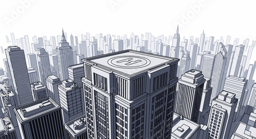 A monochromatic, aerial view of a dense city skyline with numerous skyscrapers and a prominent helipad